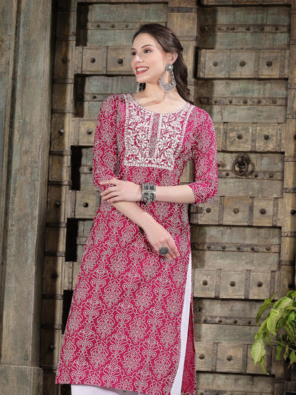Bandhej Printed & Embroidered Rayon Straight Kurta