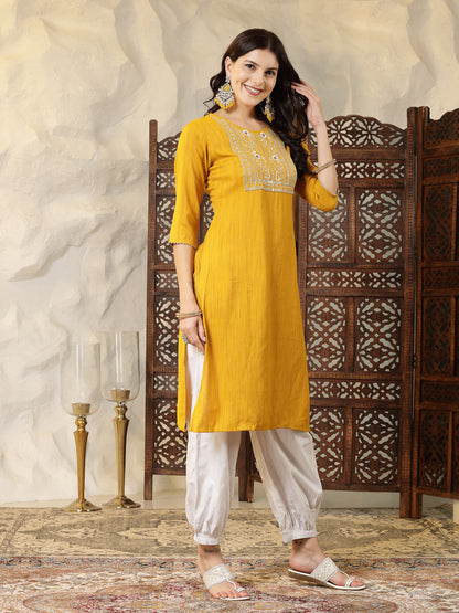 Solid & Embroidered Cotton Blend Straight Kurta (Pre-Order)