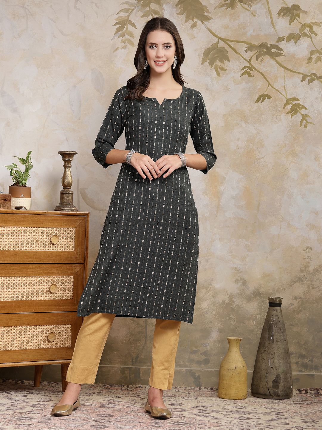 Self Designed Cotton Blend Straight Kurta