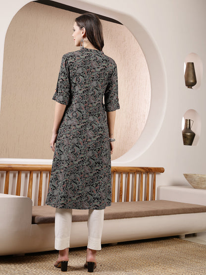 Black Paisley Printed Rayon A-Line Kurta