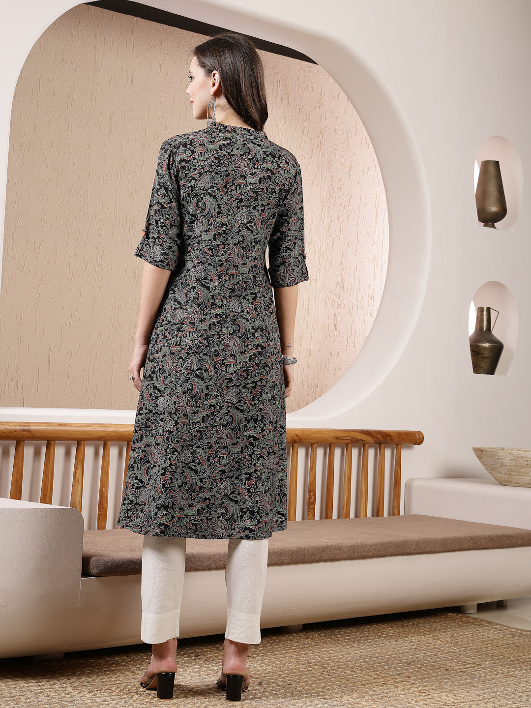 Black Paisley Printed Rayon A-Line Kurta (Pre-Order)