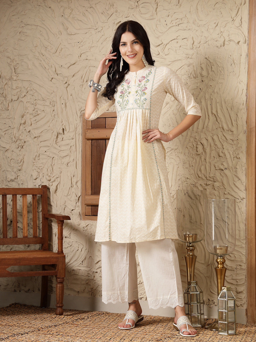 Cream Self Designed & Embroidered Cotton A-Line Kurta (Pre-Order)