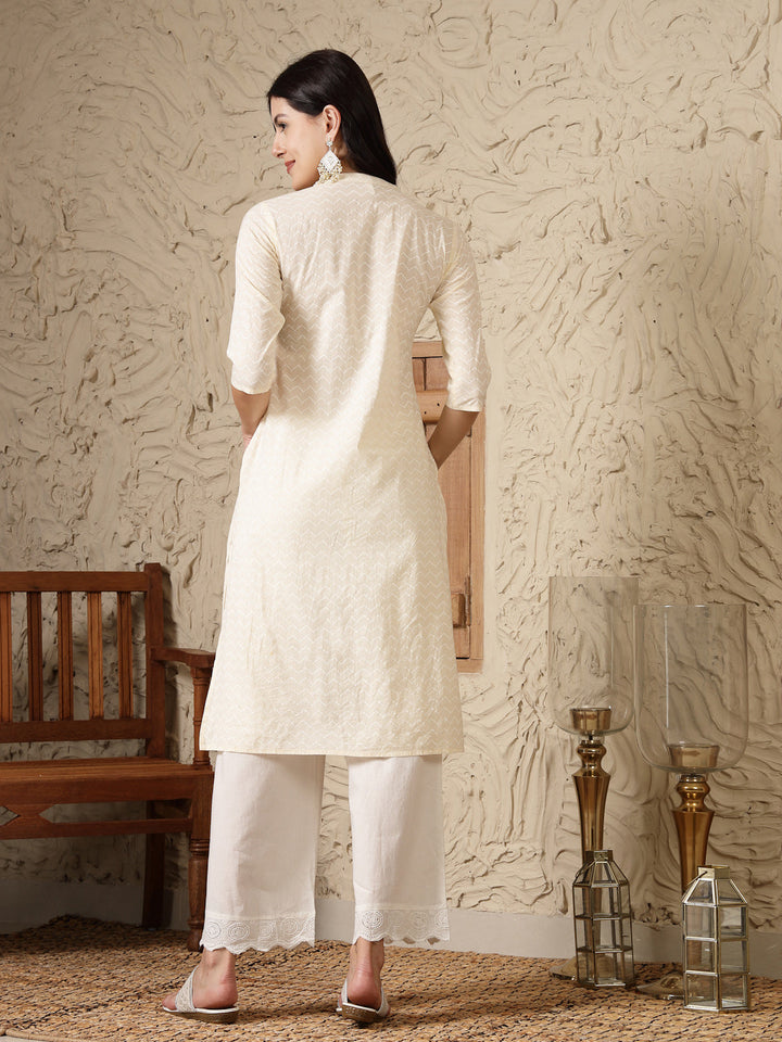 Cream Self Designed &amp; Embroidered Cotton A-Line Kurta