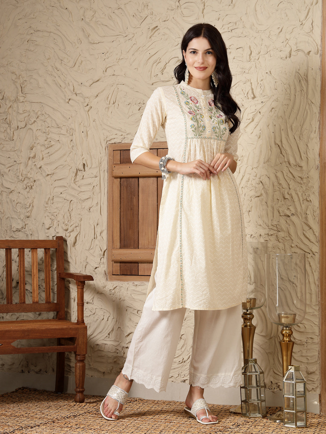 Cream Self Designed &amp; Embroidered Cotton A-Line Kurta