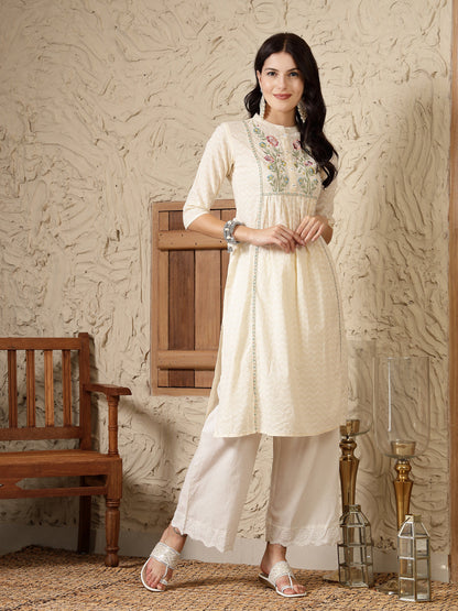 Cream Self Designed & Embroidered Cotton A-Line Kurta (Pre-Order)