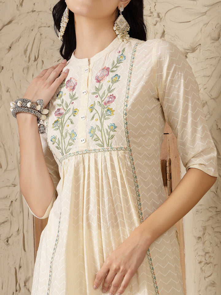 Cream Self Designed &amp; Embroidered Cotton A-Line Kurta