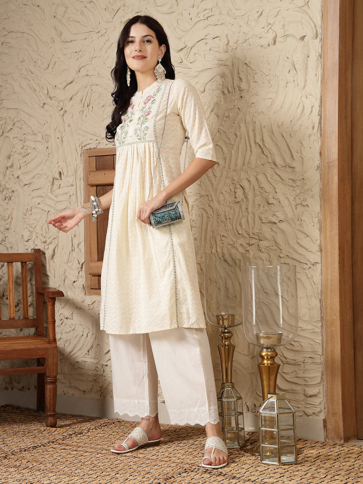 Cream Self Designed &amp; Embroidered Cotton A-Line Kurta