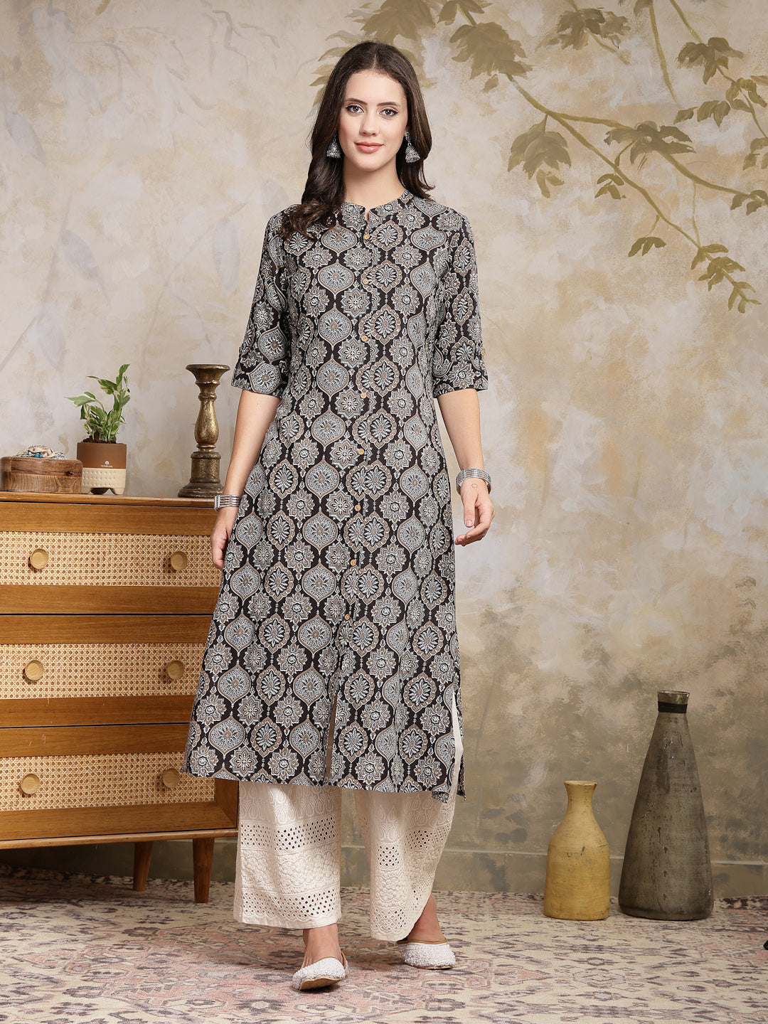 Black Ajrakh Printed Rayon A-Line Kurta (Pre-Order)