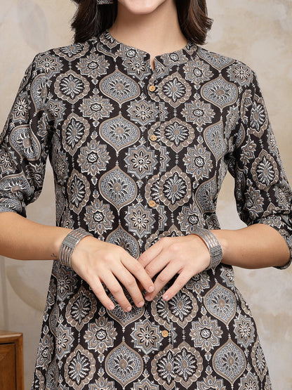 Black Ajrakh Printed Rayon A-Line Kurta (Pre-Order)