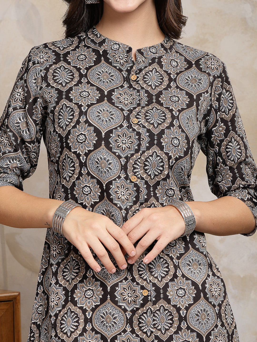 Black Ajrakh Printed Rayon A-Line Kurta