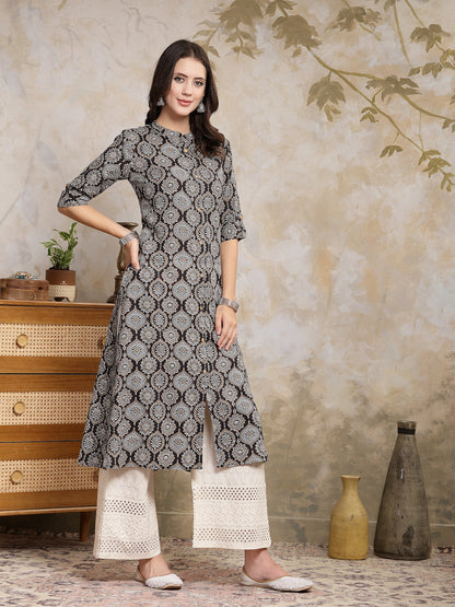 Black Ajrakh Printed Rayon A-Line Kurta