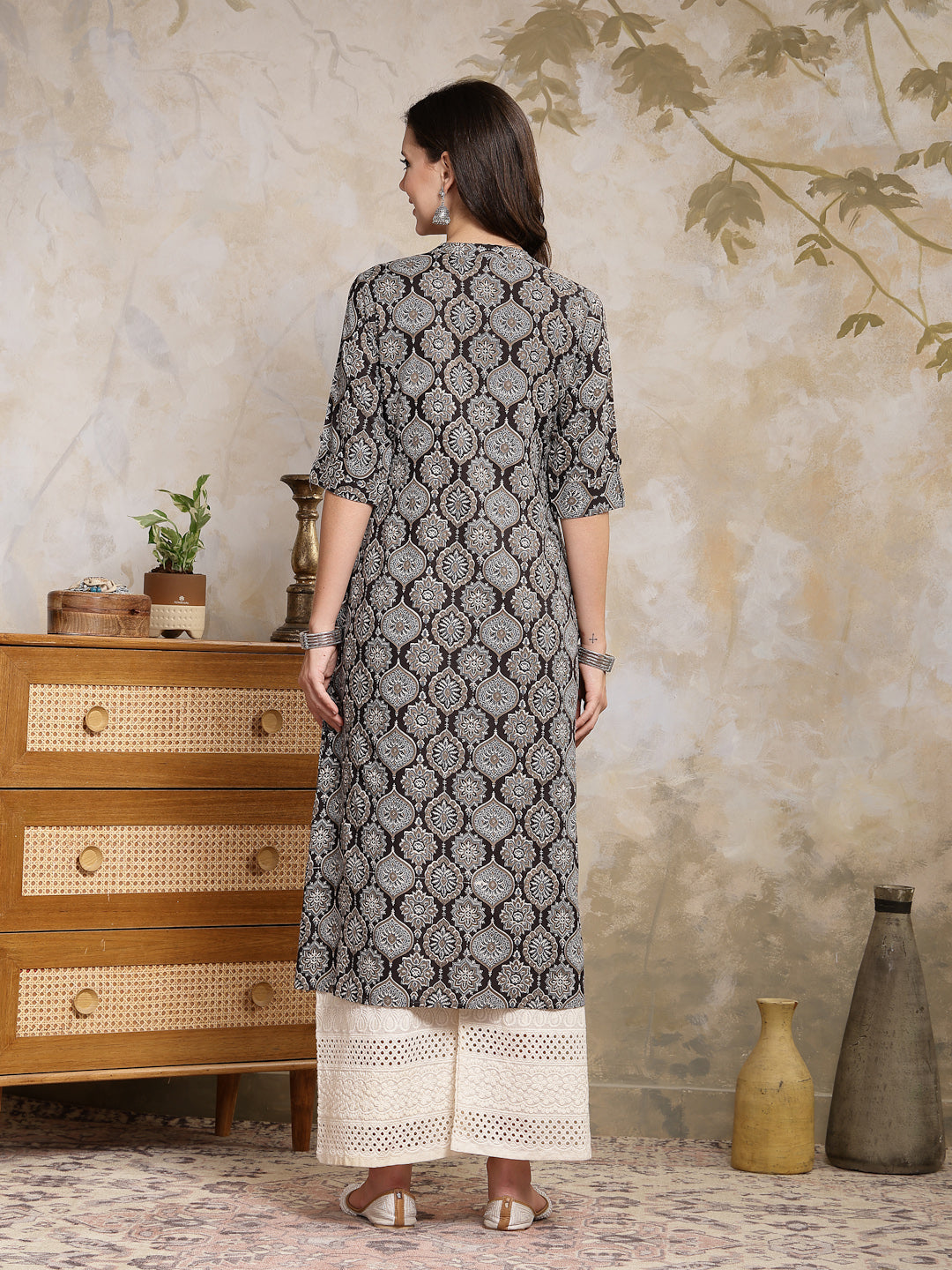 Black Ajrakh Printed Rayon A-Line Kurta