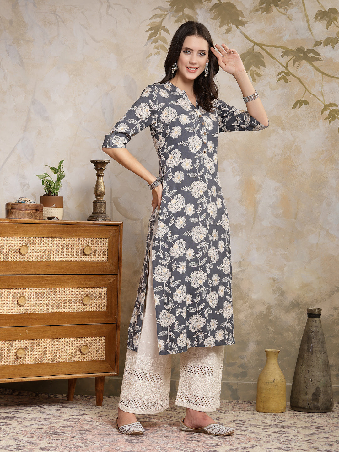 Grey Floral Printed Rayon Straight Kurta