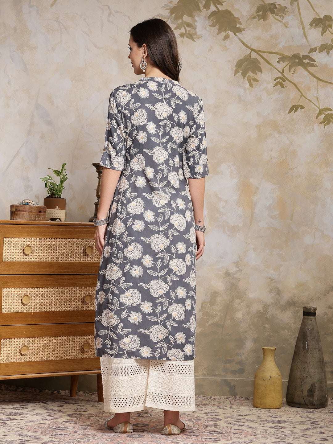 Grey Floral Printed Rayon Straight Kurta