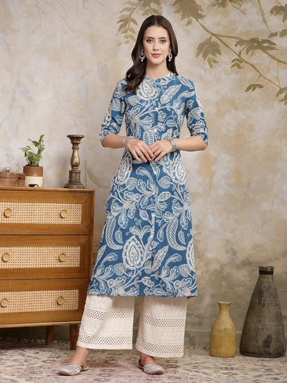Blue Paisley Printed Rayon A-Line Kurta
