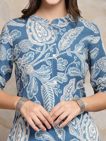 Blue Paisley Printed Rayon A-Line Kurta (Pre-Order)