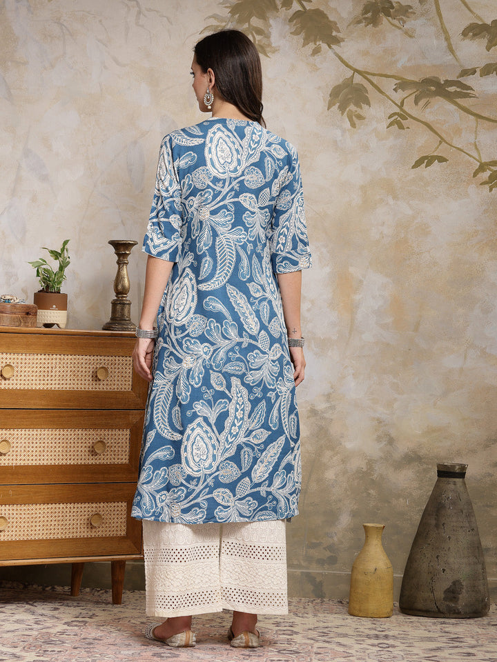 Blue Paisley Printed Rayon A-Line Kurta