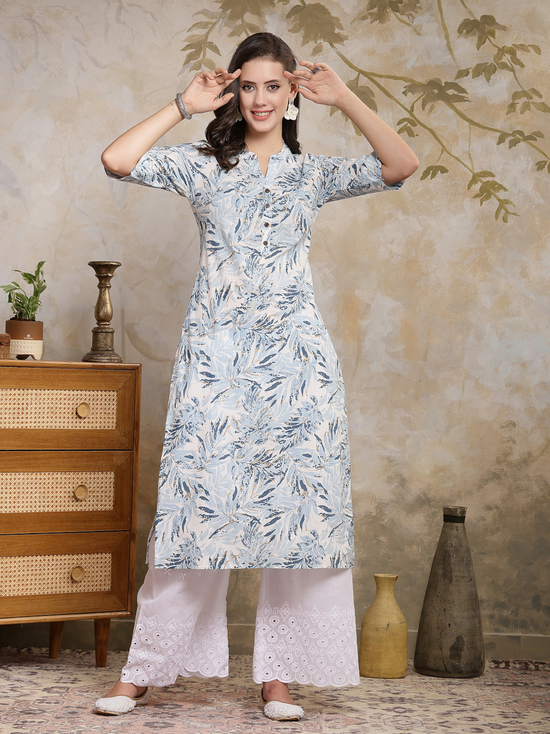 Blue Botanical Printed Cotton Straight Kurta (Pre-Order)