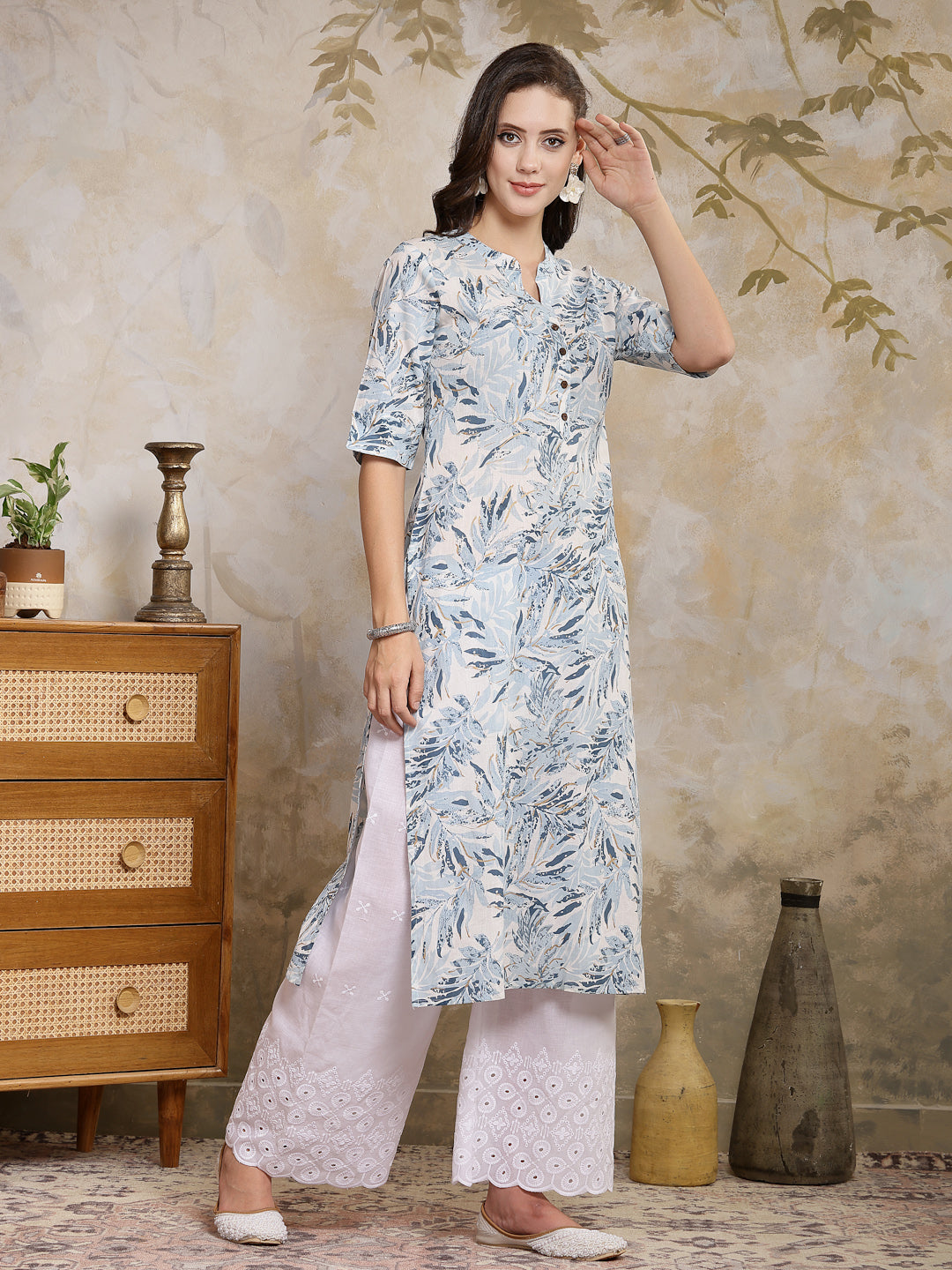 Blue Botanical Printed Cotton Straight Kurta (Pre-Order)
