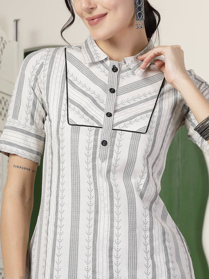 White Self Designed Cotton Blend Straight Kurta (Pre-Order)
