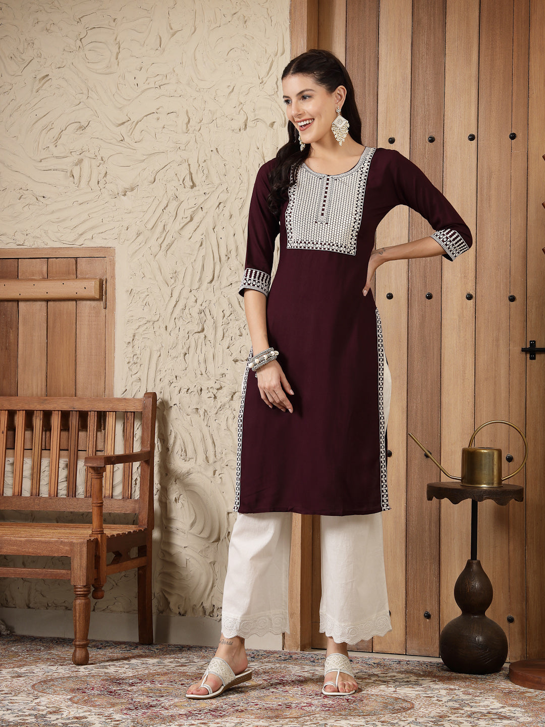 Wine Solid &amp; Embroidered Rayon Straight Kurta