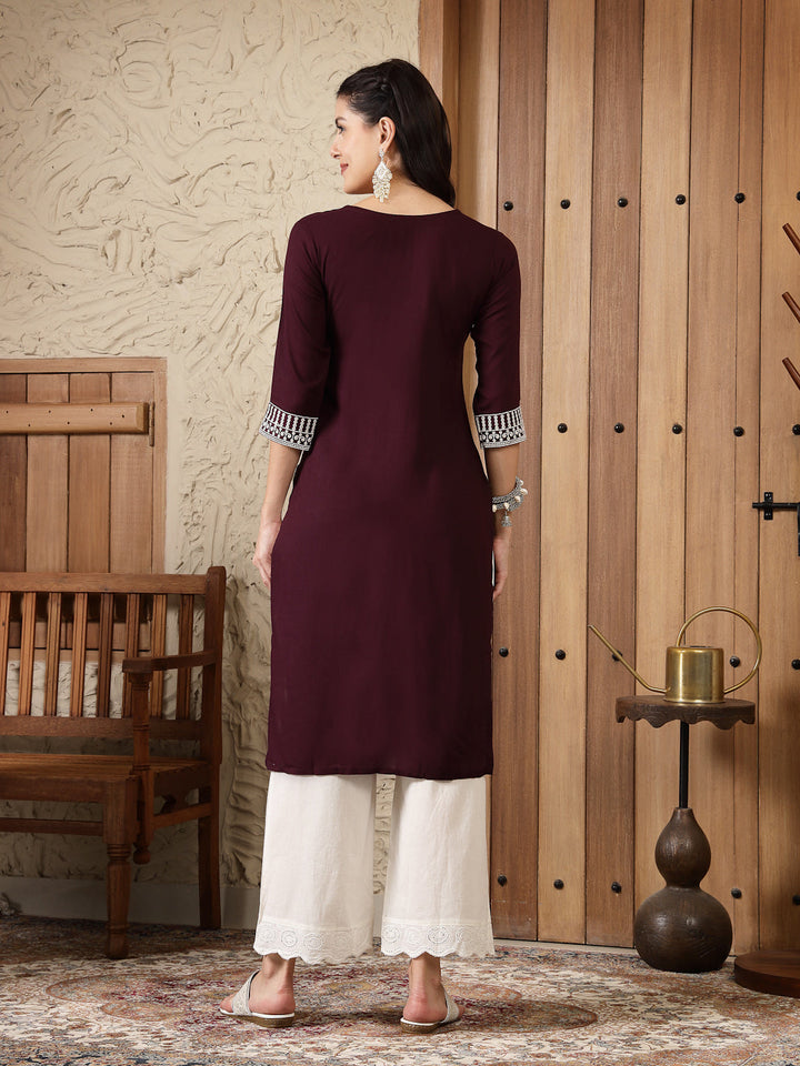 Wine Solid &amp; Embroidered Rayon Straight Kurta