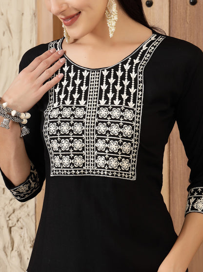Black Solid & Embroidered Rayon Straight Kurta (Pre-Order)