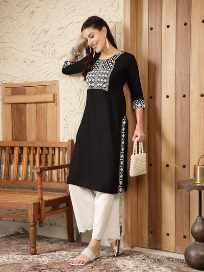 Black Solid & Embroidered Rayon Straight Kurta (Pre-Order)