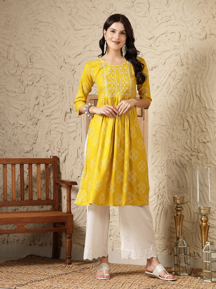 Mustard Bandhani Printed &amp; Embroidered Rayon Naira Cut Kurta
