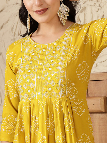 Mustard Bandhani Printed & Embroidered Rayon Naira Cut Kurta