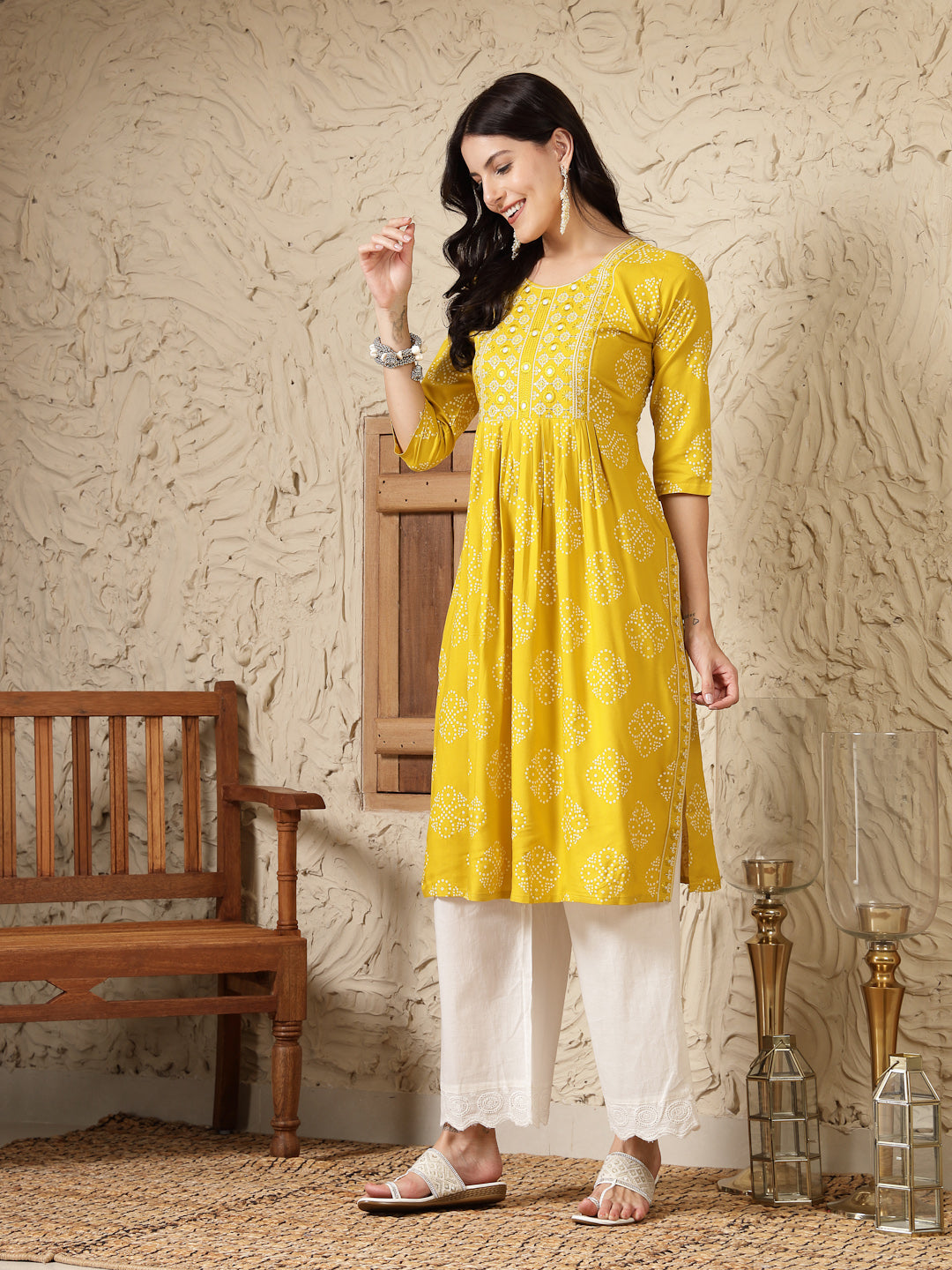 Mustard Bandhani Printed &amp; Embroidered Rayon Naira Cut Kurta