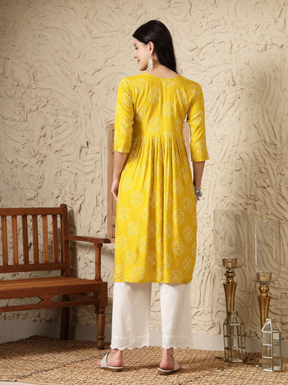 Mustard Bandhani Printed & Embroidered Rayon Naira Cut Kurta (Pre-Order)