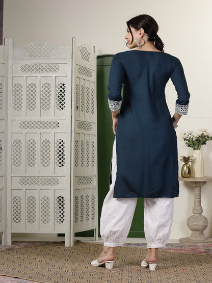 Teal Solid & Embroidered Rayon Straight Kurta (Pre-Order)