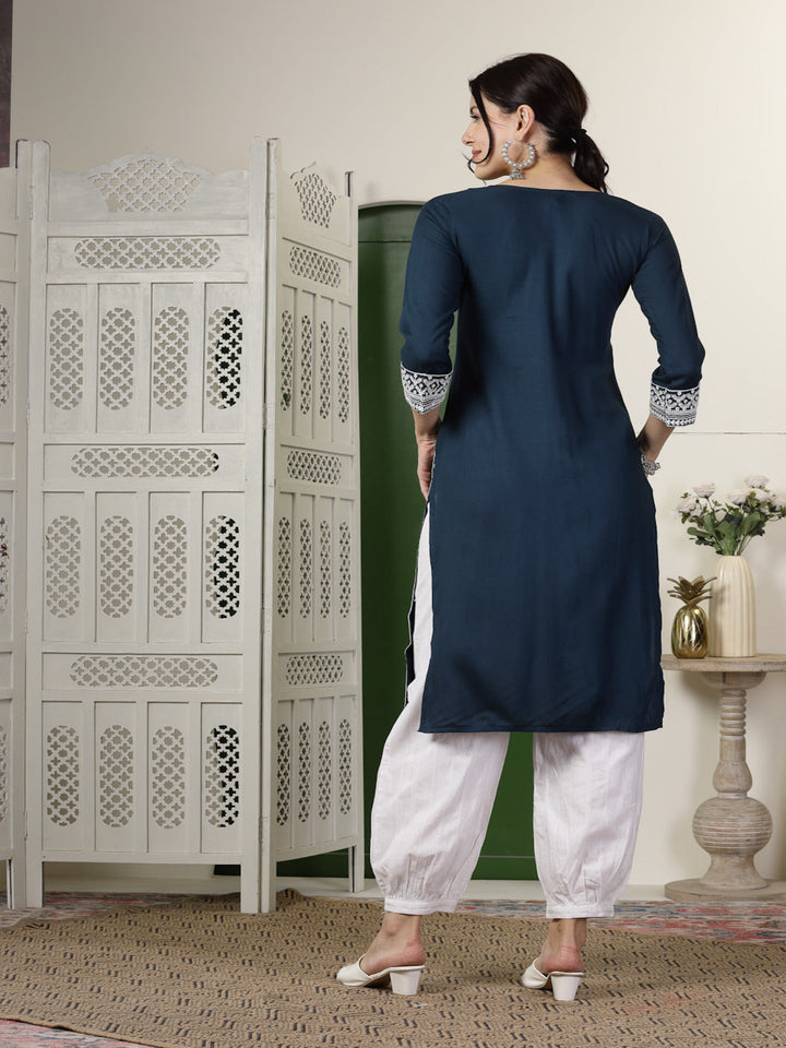 Teal Solid &amp; Embroidered Rayon Straight Kurta