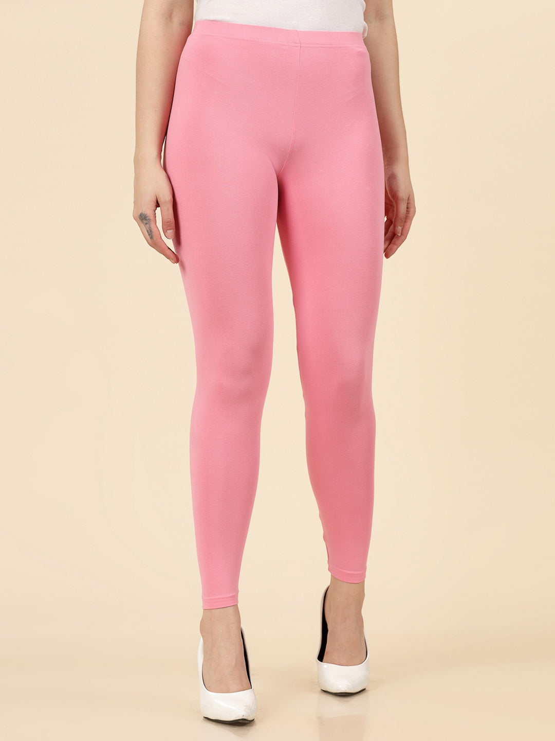 Solid Mid Rise Cotton Lycra Ankle Length Leggings