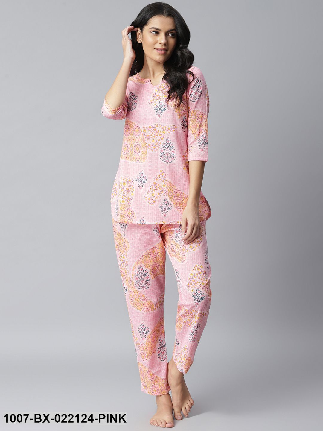 Women's Printed Cotton Slub Night Suit Set (Light Pink) (Pre-Order)