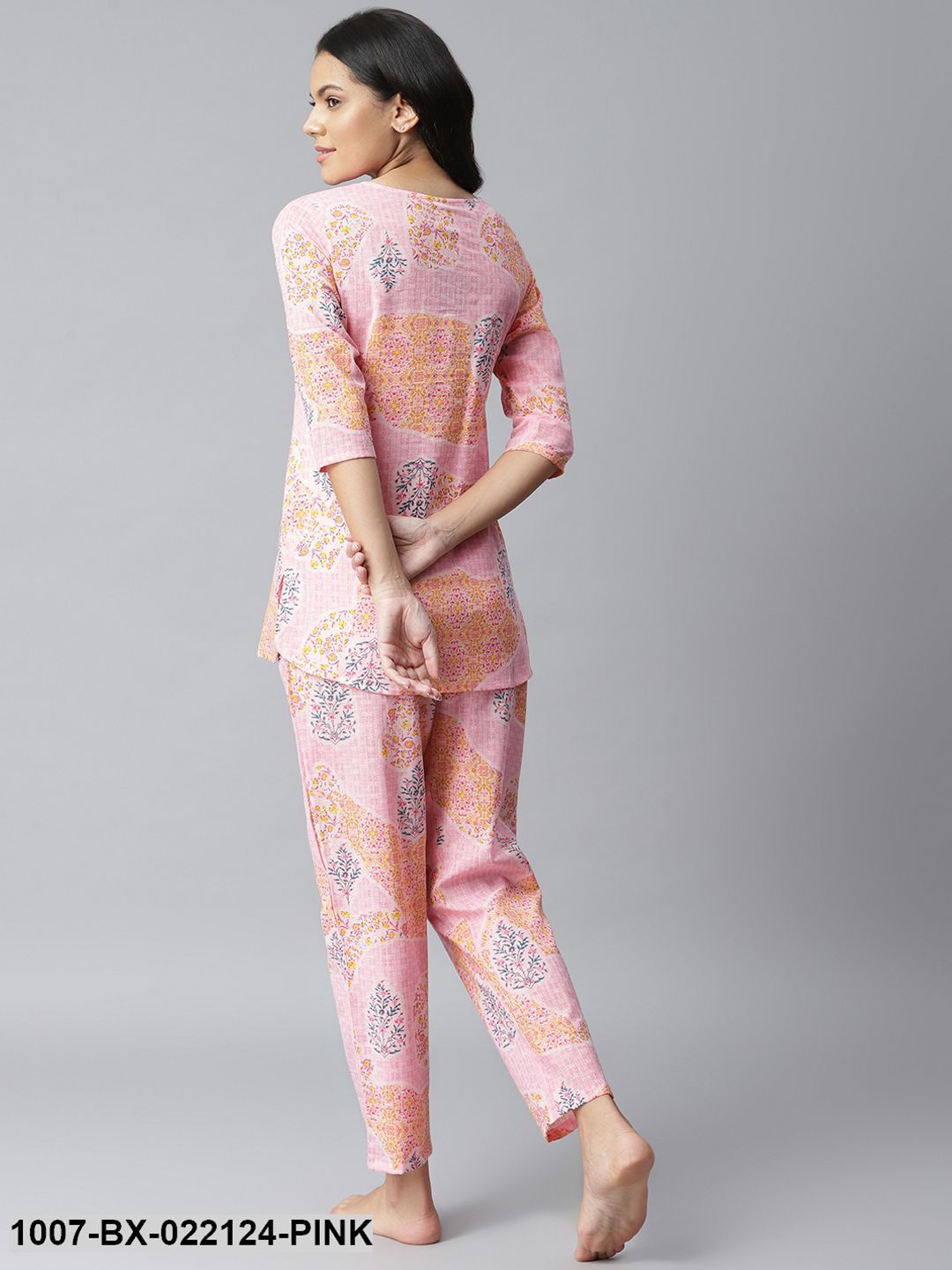 Women's Printed Cotton Slub Night Suit Set (Light Pink) (Pre-Order)
