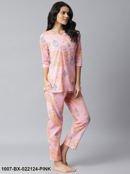 Women's Printed Cotton Slub Night Suit Set (Light Pink) (Pre-Order)