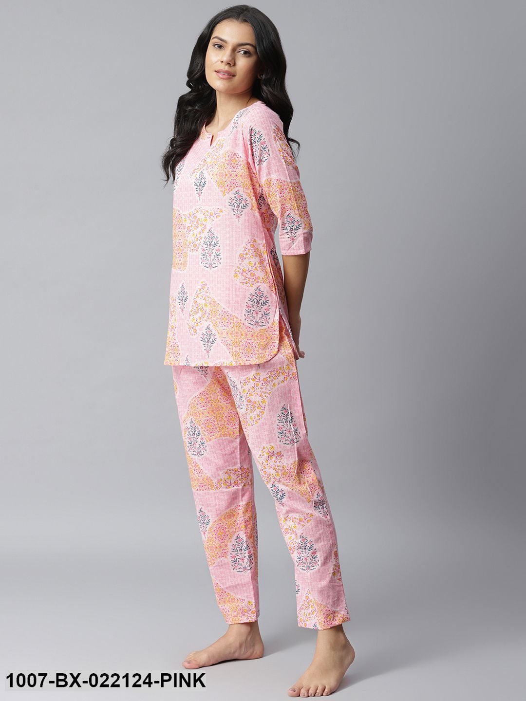 Women's Printed Cotton Slub Night Suit Set (Light Pink) (Pre-Order)