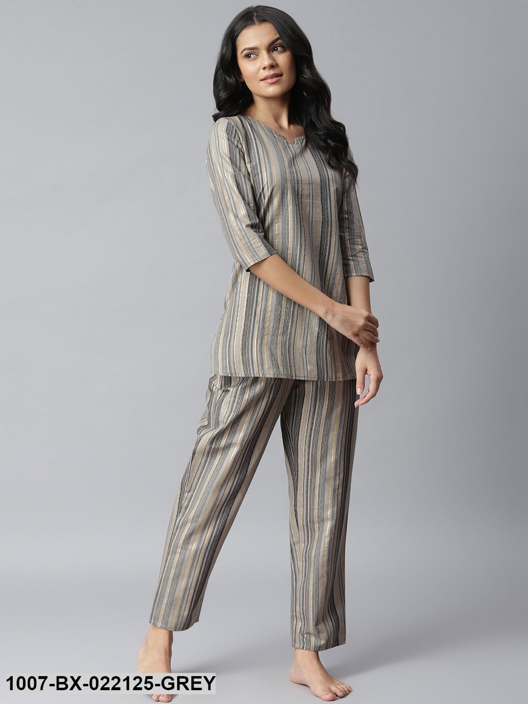 Women's Striped Cotton Night Suit Set (Grey) (Pre-Order)