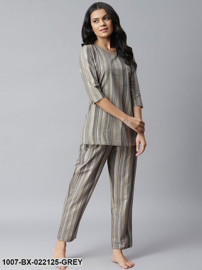 Women's Striped Cotton Night Suit Set (Grey) (Pre-Order)