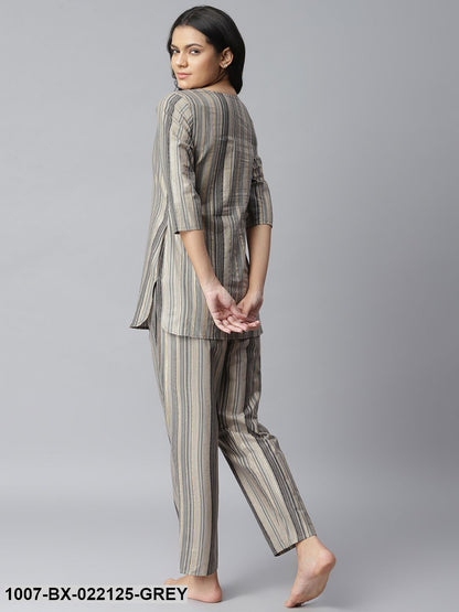Women's Striped Cotton Night Suit Set (Grey) (Pre-Order)