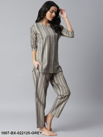 Women's Striped Cotton Night Suit Set (Grey) (Pre-Order)