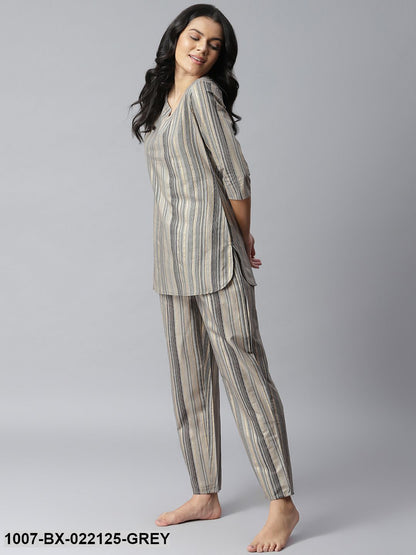 Women's Striped Cotton Night Suit Set (Grey) (Pre-Order)
