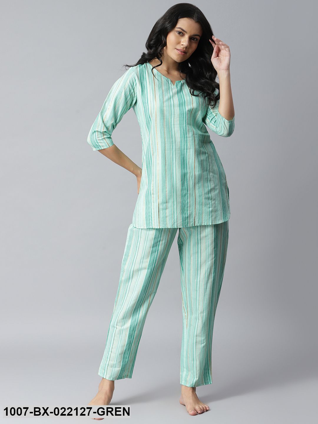 Women's Striped Cotton Night Suit Set (Light Green) (Pre-Order)