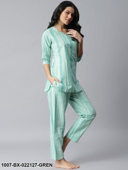 Women's Striped Cotton Night Suit Set (Light Green) (Pre-Order)