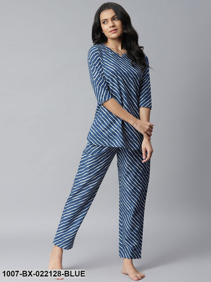 Women's Leheriya Cotton Night Suit Set (Blue) (Pre-Order)
