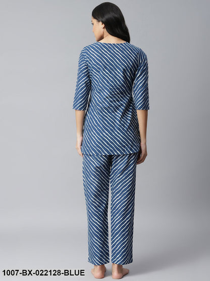 Women's Leheriya Cotton Night Suit Set (Blue) (Pre-Order)