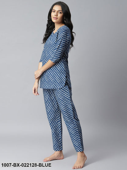 Women's Leheriya Cotton Night Suit Set (Blue) (Pre-Order)