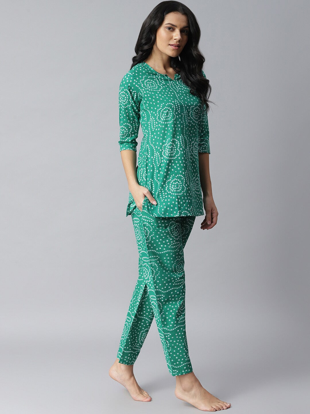 Women's Bandhani Print Cotton Night Suit Set (Green) (Pre-Order)